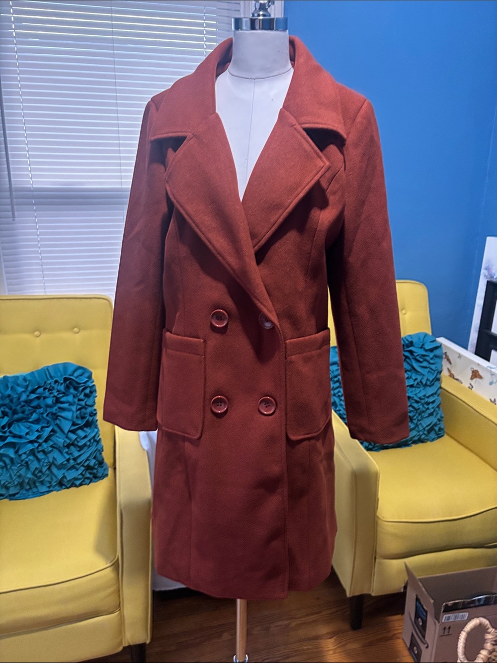 Womens Double-Breasted Rust Red Wool Coat